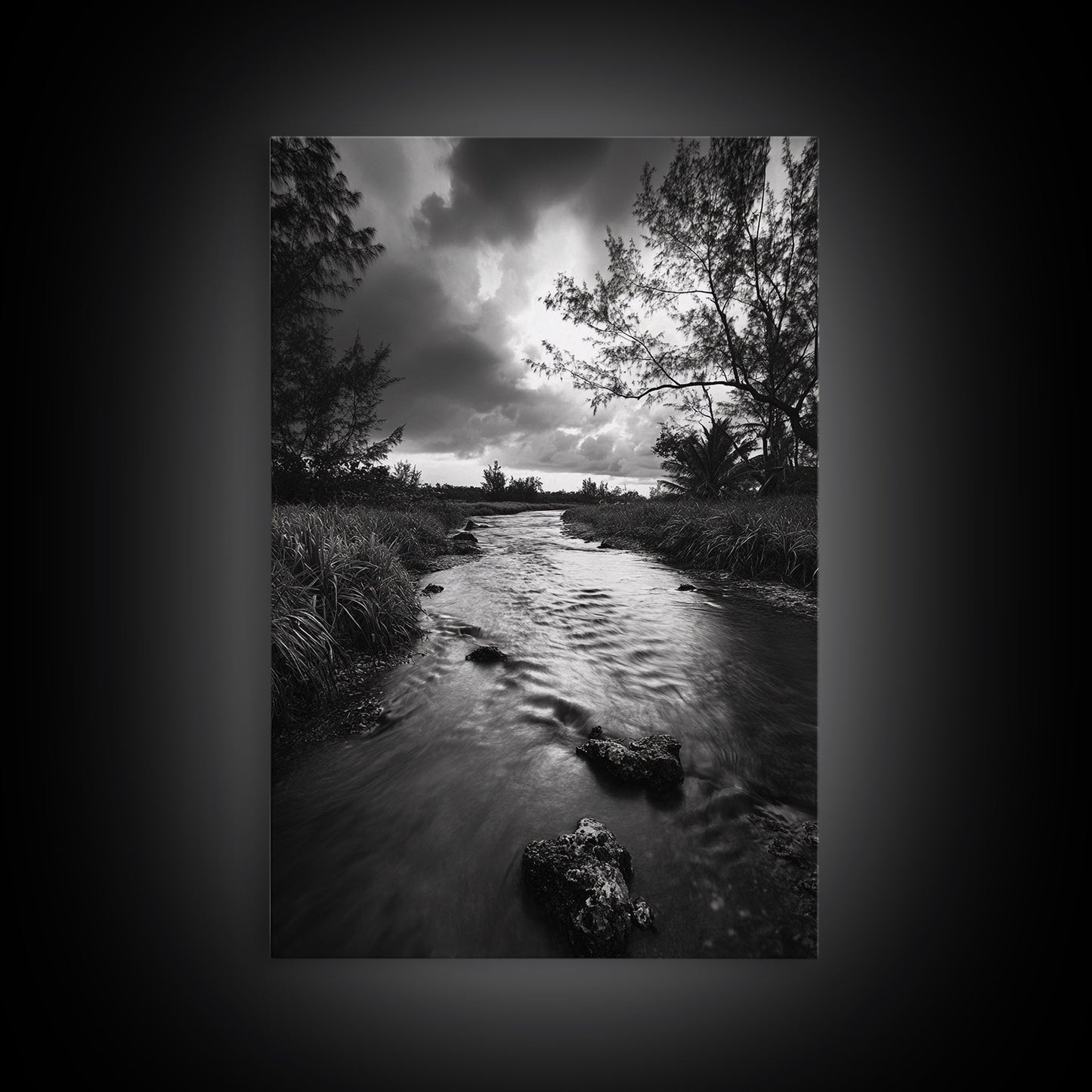 River Flow, Storm Clouds, Nature Trees, Monochrome Scene, Framed Canvas Print