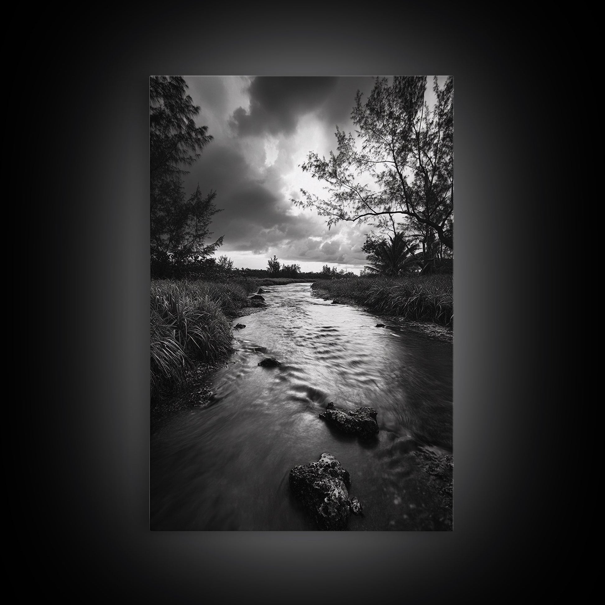 River Flow, Storm Clouds, Nature Trees, Monochrome Scene, Framed Canvas Print