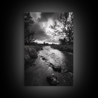 River Flow, Storm Clouds, Nature Trees, Monochrome Scene, Framed Canvas Print