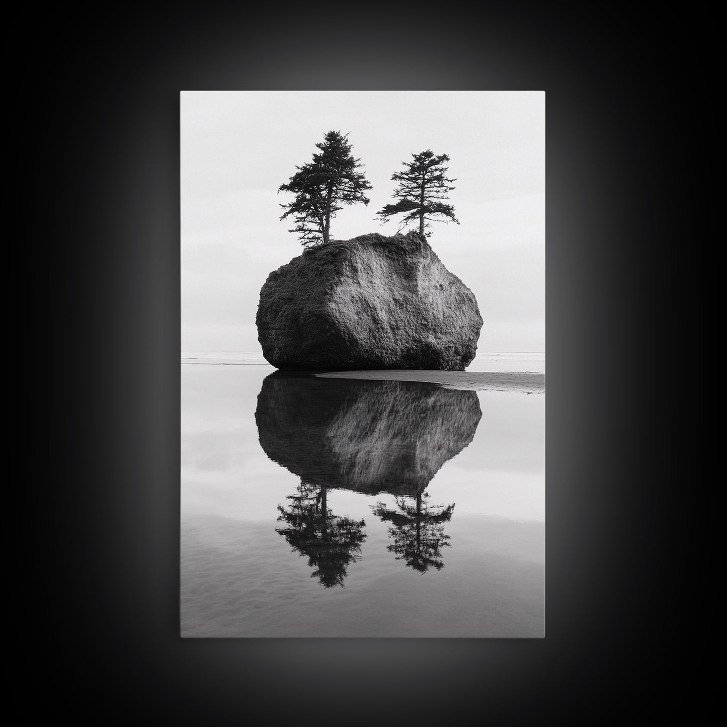 Island Reflection, Twin Trees, Still Water, Minimal Seascape, Zen Decor, Black and White Art