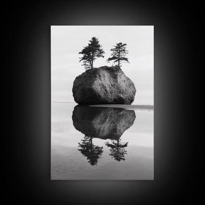 Island Reflection, Twin Trees, Still Water, Minimal Seascape, Zen Decor, Black and White Art