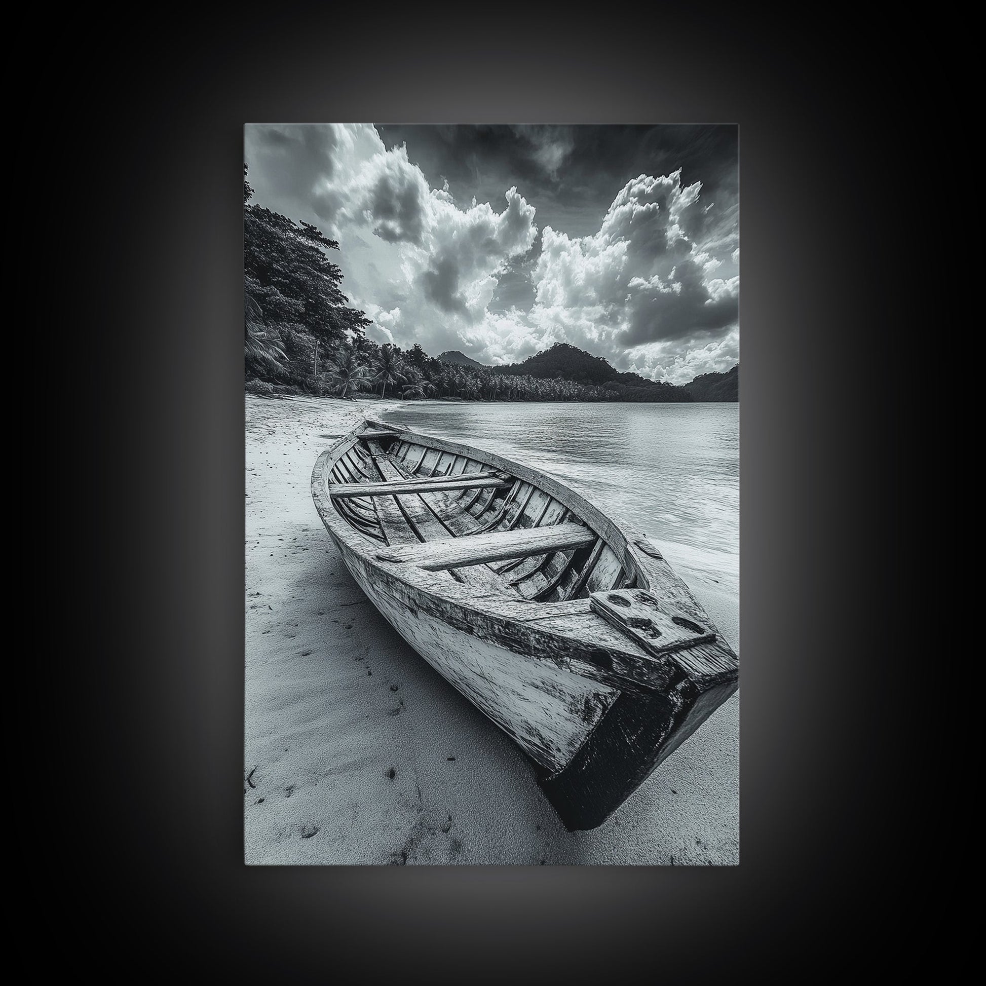 Abandoned Rowboat, Tropical Coastline, Vintage Travel Vibes, Black and White Canvas Print, Beach House or Coastal Living Wall Art