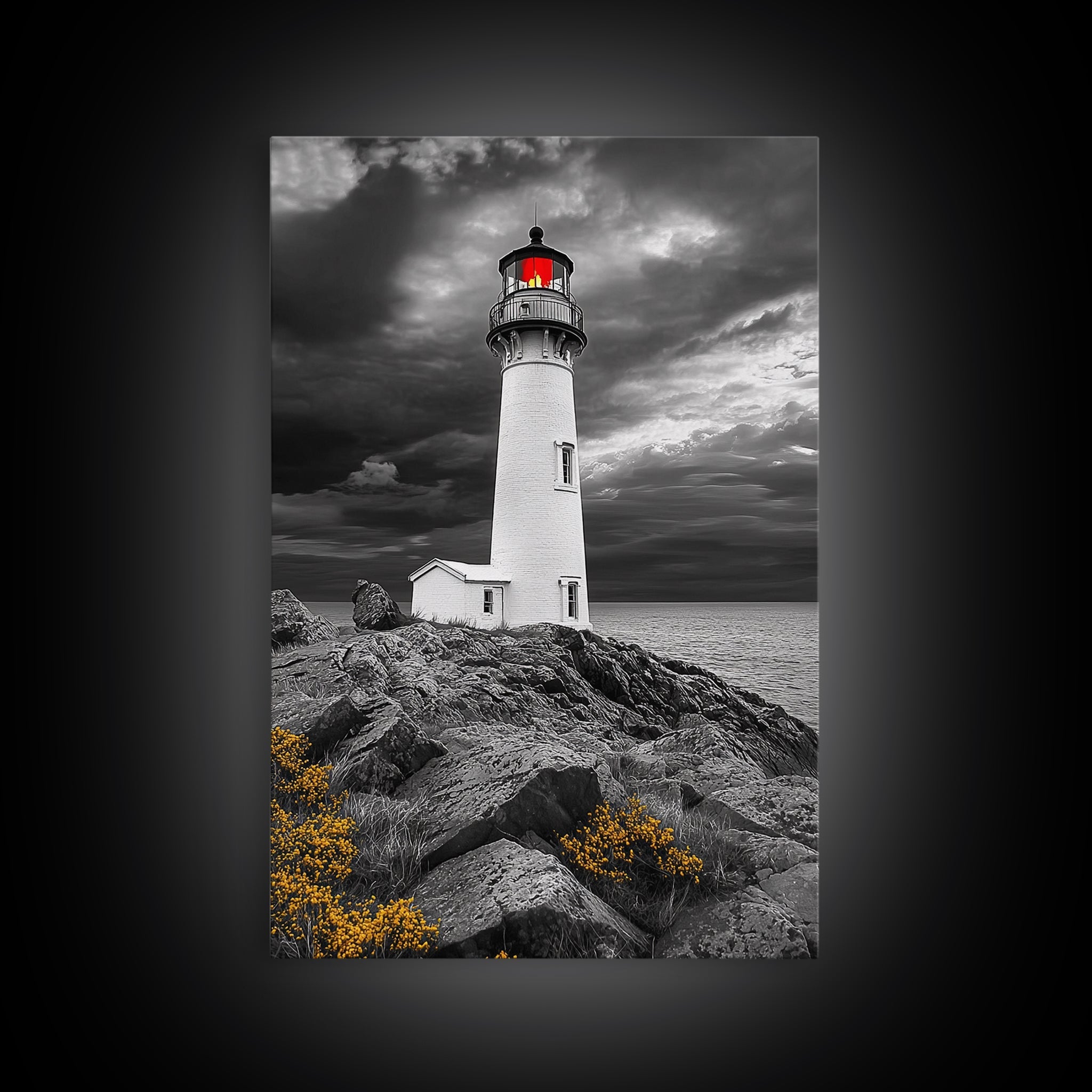 Red Beacon Lighthouse, Rocky Coast Light, Dramatic Storm Sky, Ocean Guide, Framed Canvas Print