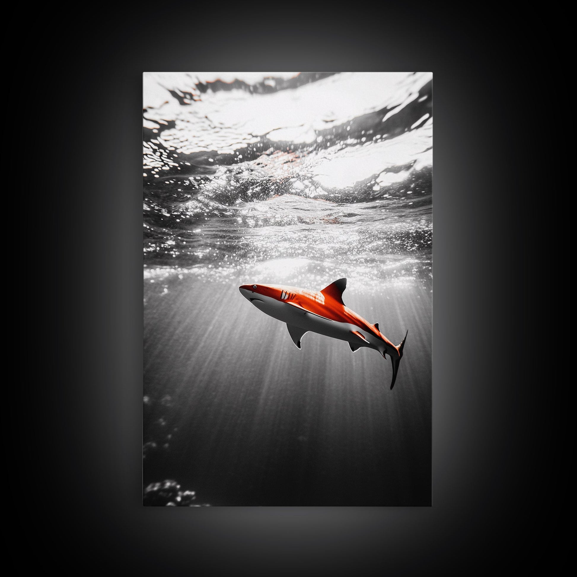 Red Shark, Underwater Scene, Ocean Light Rays, Color Contrast, Canvas Print