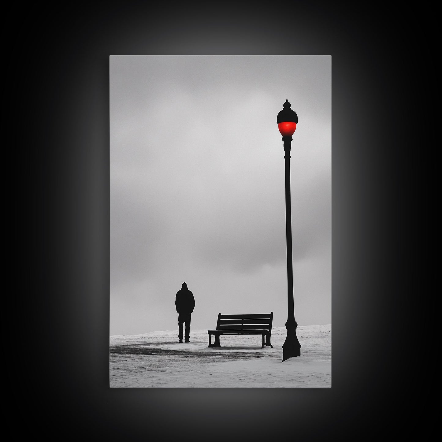 Red Street Lamp, Snowy Walkway, Silhouette Scene, Framed Canvas Print, Moody Wall Art