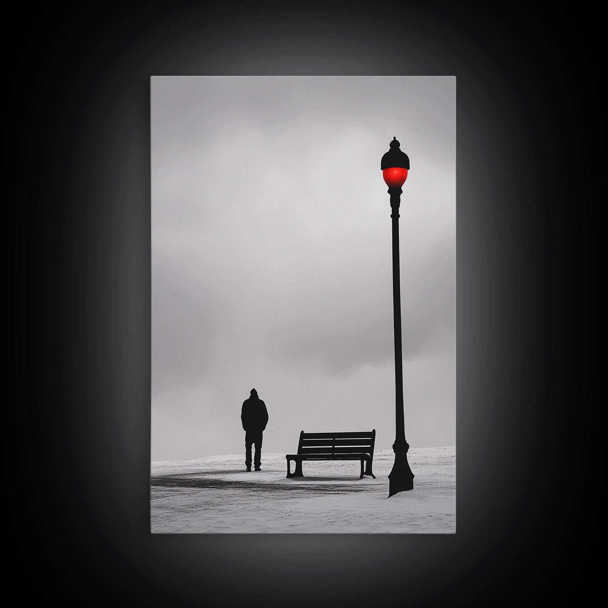 Red Street Lamp, Snowy Walkway, Silhouette Scene, Framed Canvas Print, Moody Wall Art