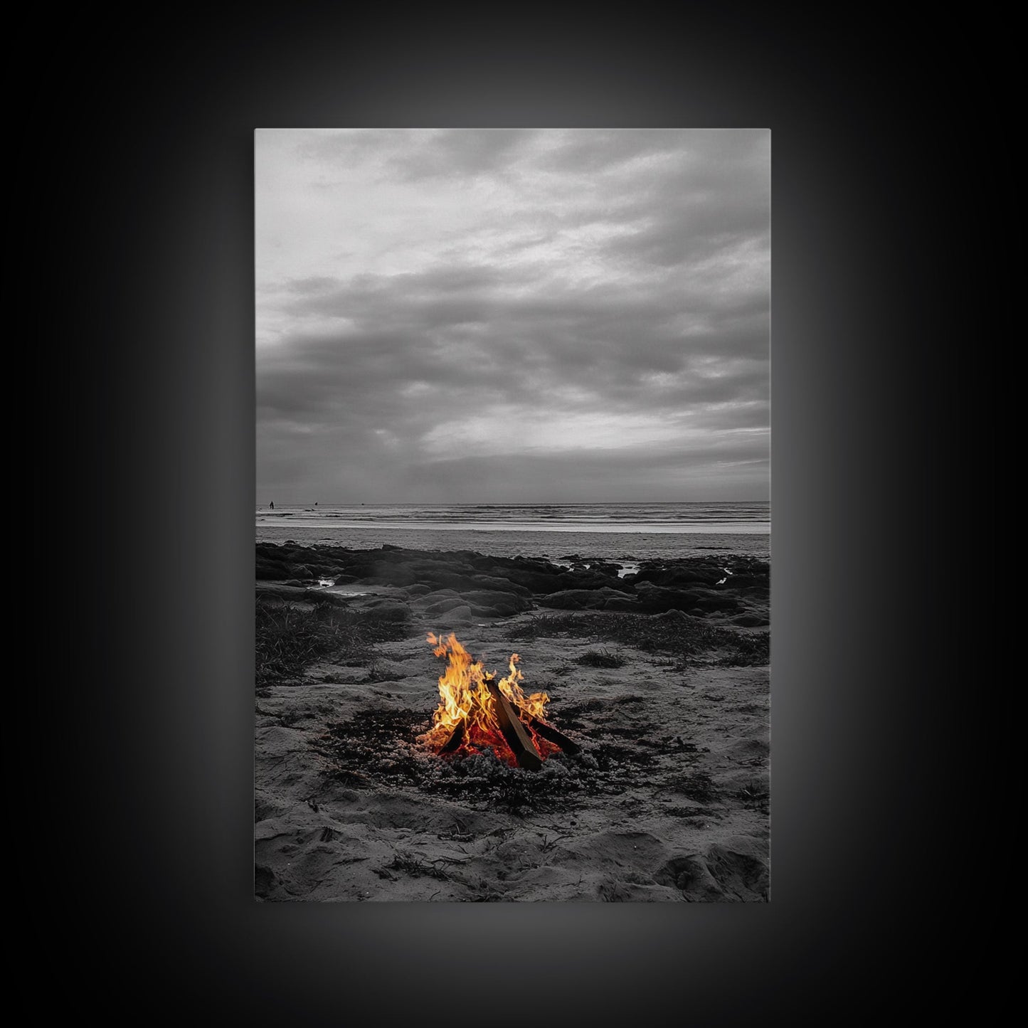 Beach bonfire, coastal art, ocean sunset, nautical decor, seascape painting, cozy fire