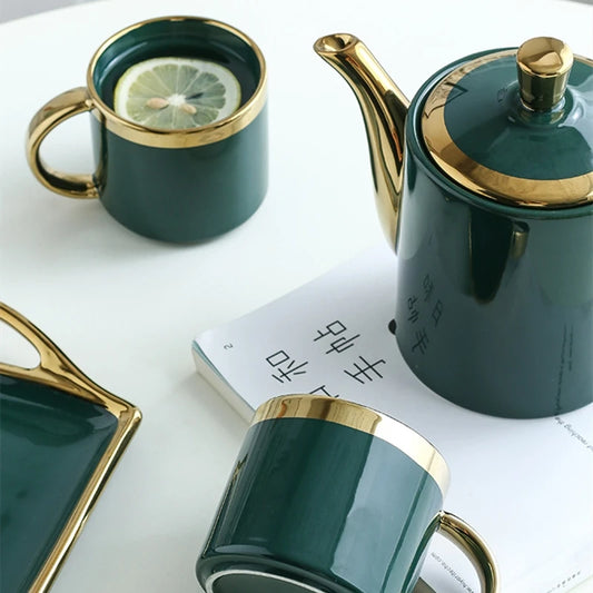 European Style Green Gold Bone China Tea Set