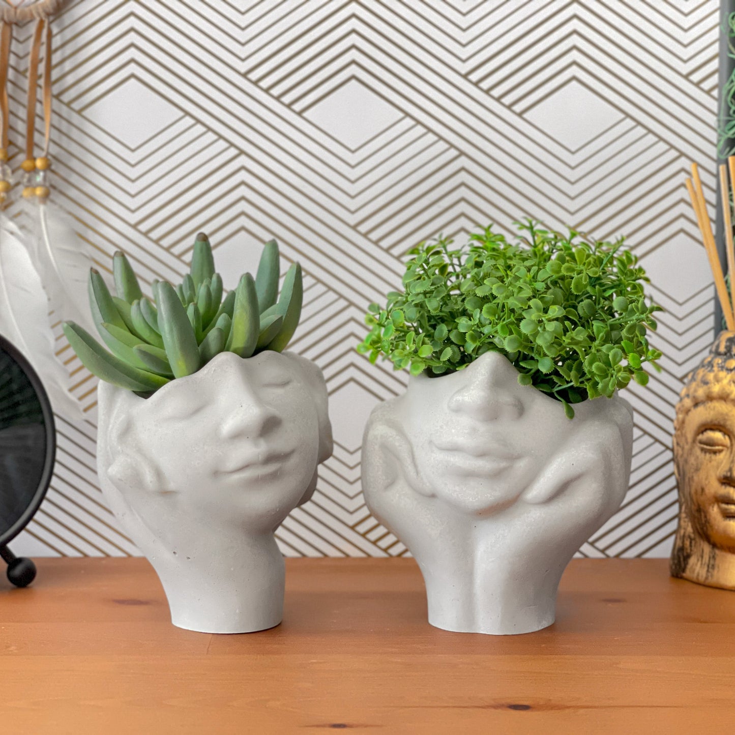 Concrete Face Planter – Handmade Modern Succulent Pot with Drainage Hole