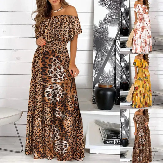 Leopard Print Maxi Sundress - Bohemian Summer Strapless Dress