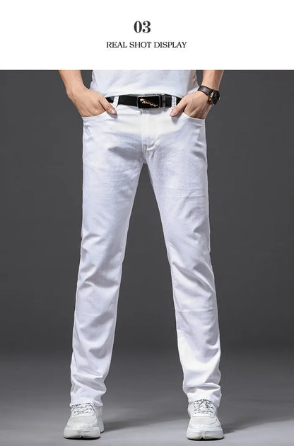 Men's Elastic Slim White Jeans - Korean Fashion Slim Fit Denim Trousers