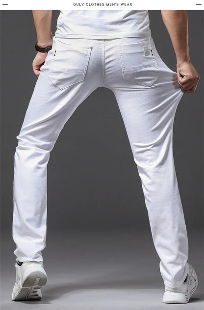 Men's Elastic Slim White Jeans - Korean Fashion Slim Fit Denim Trousers