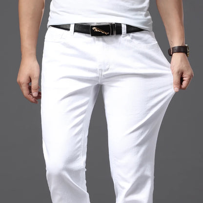 Men's Elastic Slim White Jeans - Korean Fashion Slim Fit Denim Trousers
