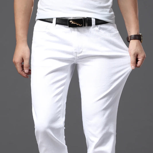 Men's Elastic Slim White Jeans - Korean Fashion Slim Fit Denim Trousers