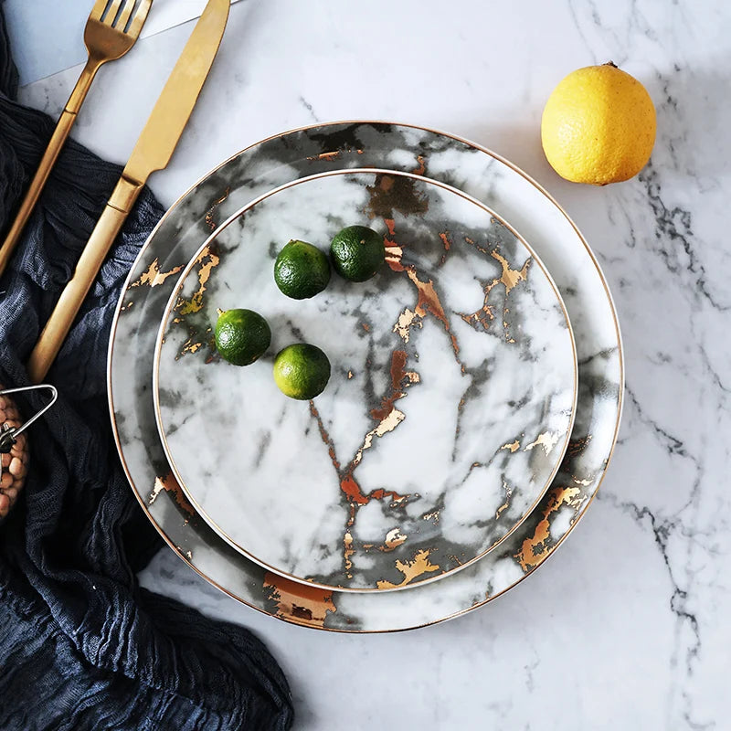 Nordic Marbled Plates | Golden Inlay Dinner & Dessert