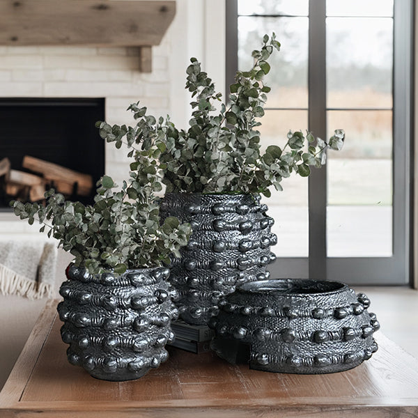 Handcrafted Textured Matte Black Outdoor Planters – Set of 3