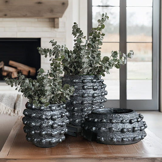Handcrafted Textured Matte Black Outdoor Planters – Set of 3