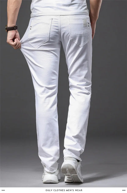 Men's Elastic Slim White Jeans - Korean Fashion Slim Fit Denim Trousers
