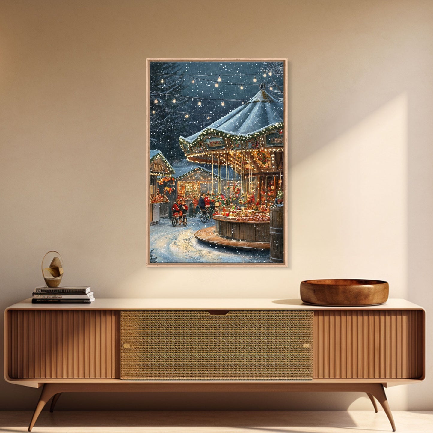Snowy Night Market Carousel Framed Canvas Wall Decor