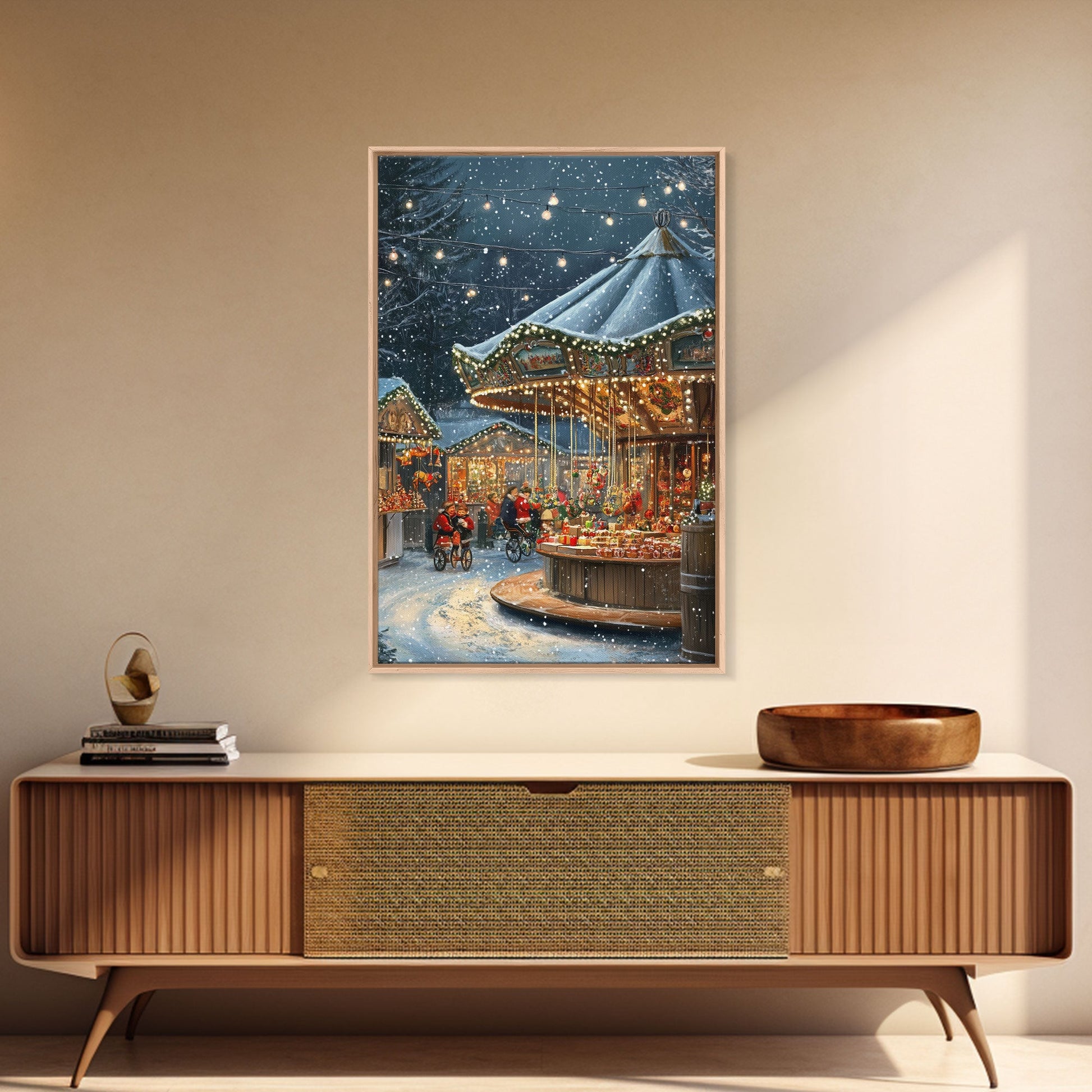 Snowy Night Market Carousel Framed Canvas Wall Decor
