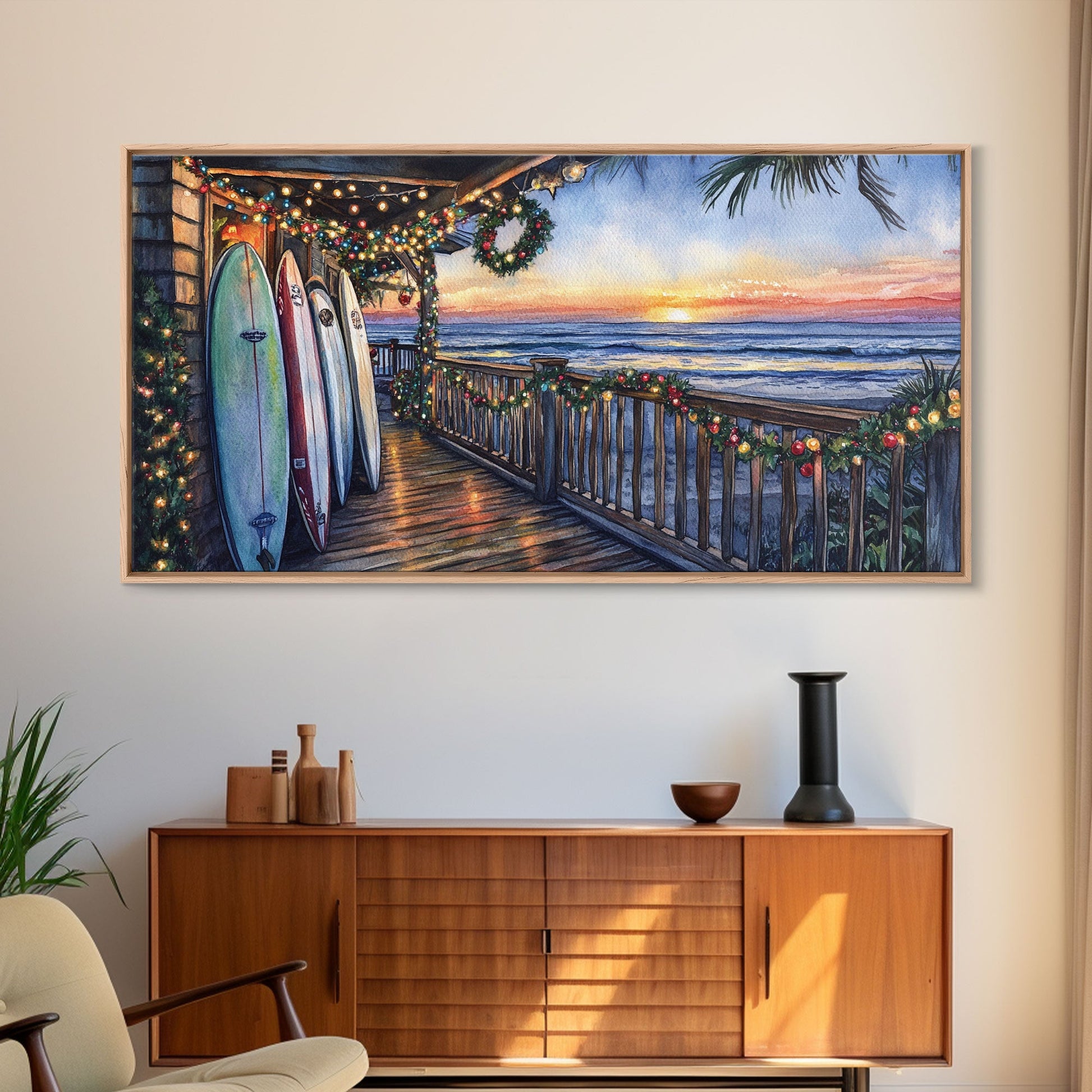 Coastal Christmas Porch Canvas Print with Surfboards