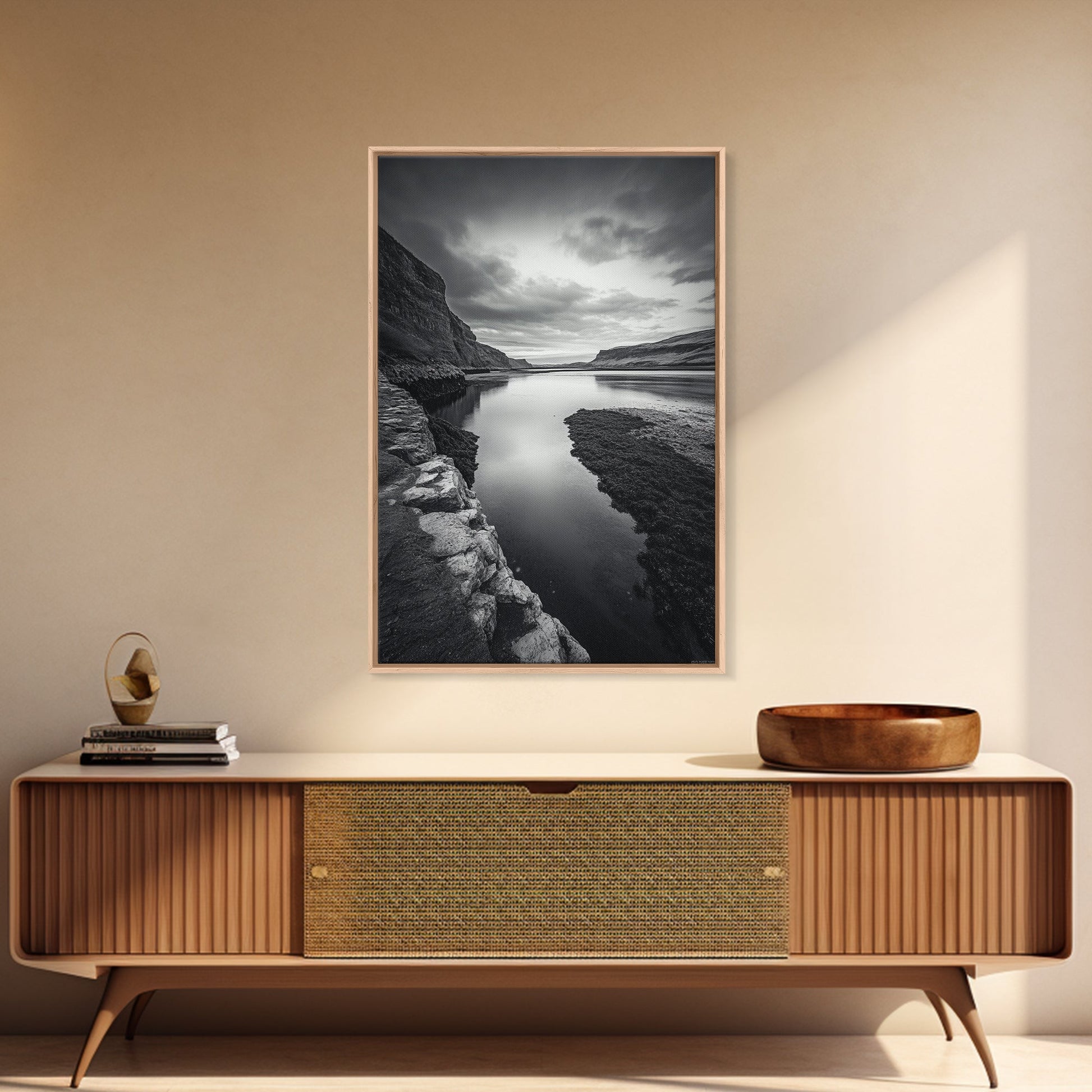 River Gorge, Twilight Reflections, Cliffside Calm, Canvas Print, Moody Black White Wall Art