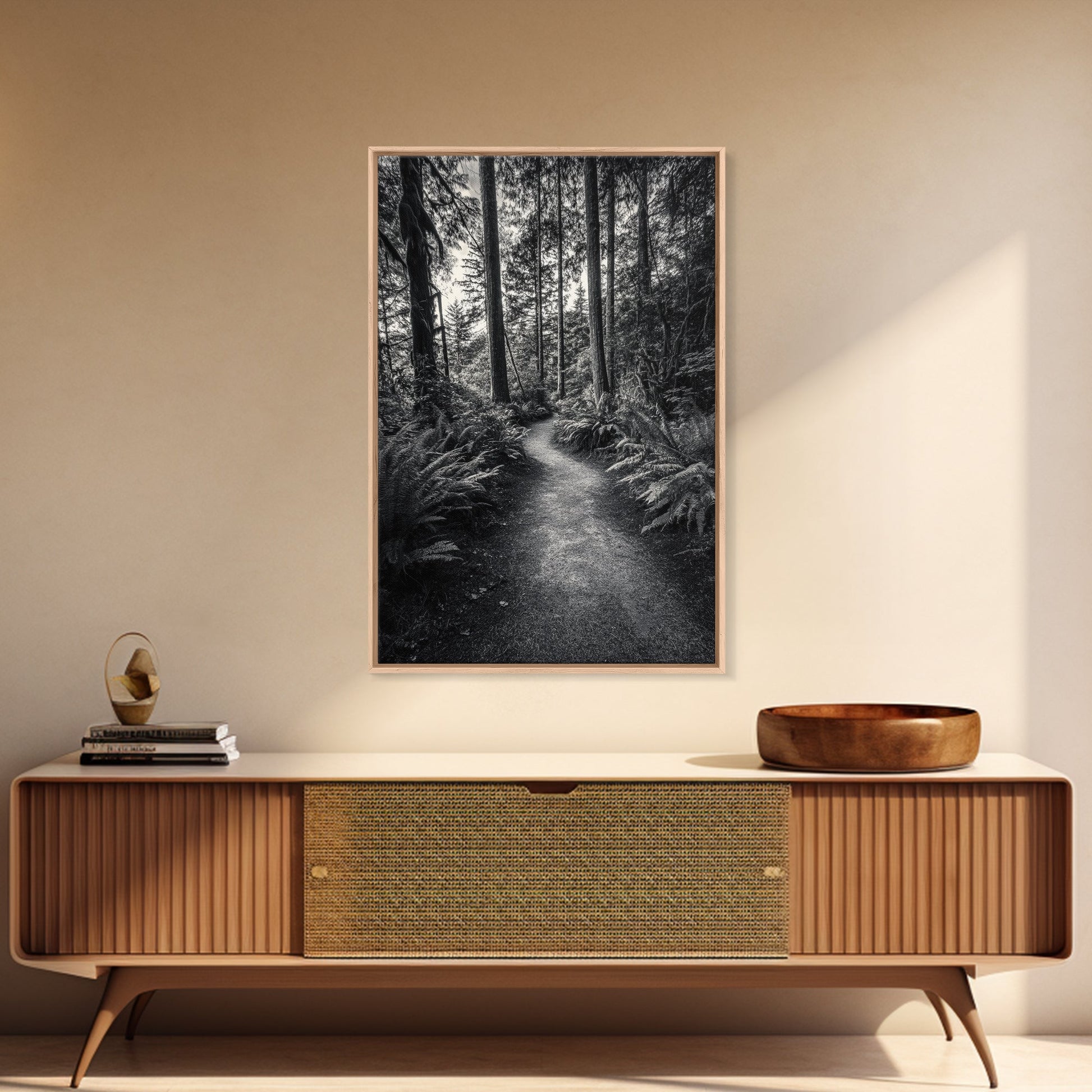 Fern Pathway, Enchanted Forest, Woodland Trail, Framed Canvas Print, Nature Walk Wall Art, Boho Bedroom Decor, Moody Landscape Style