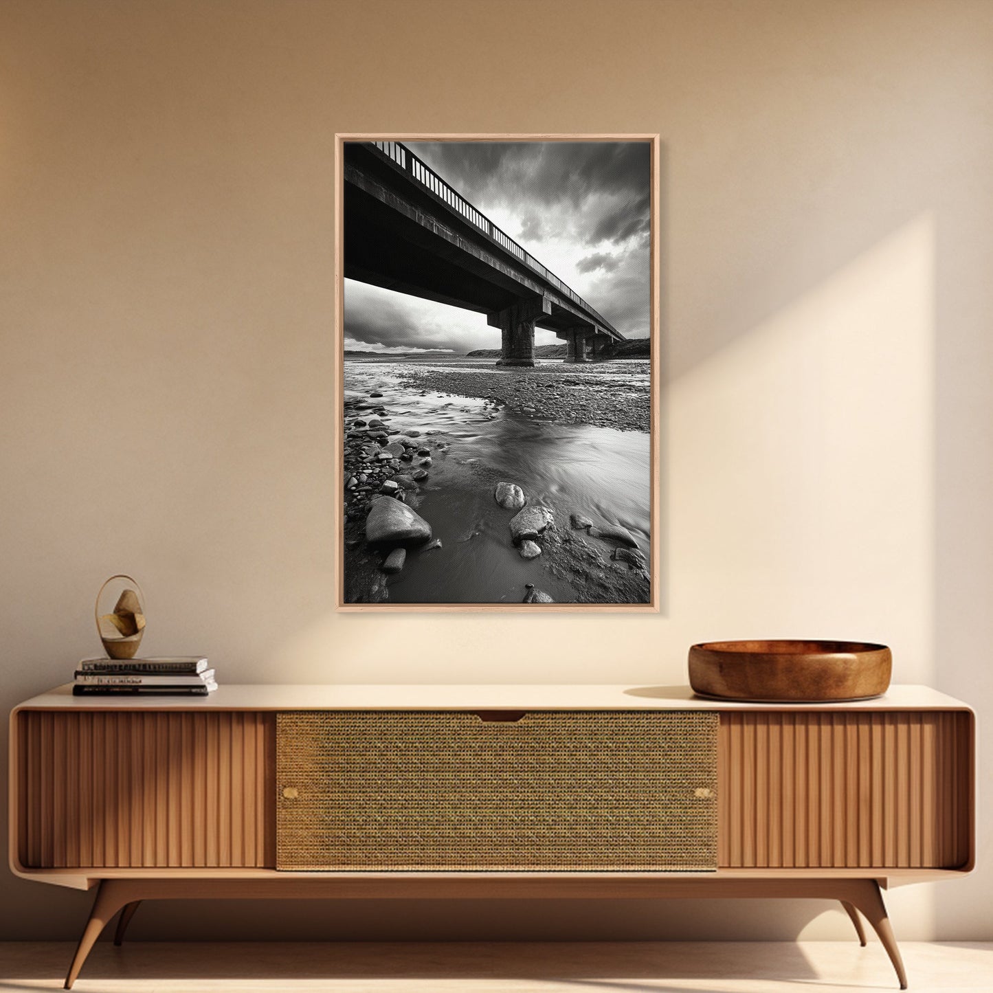 Stormy Bridge, River Rocks, Dramatic Sky, Moody Photography, Office Wall Art
