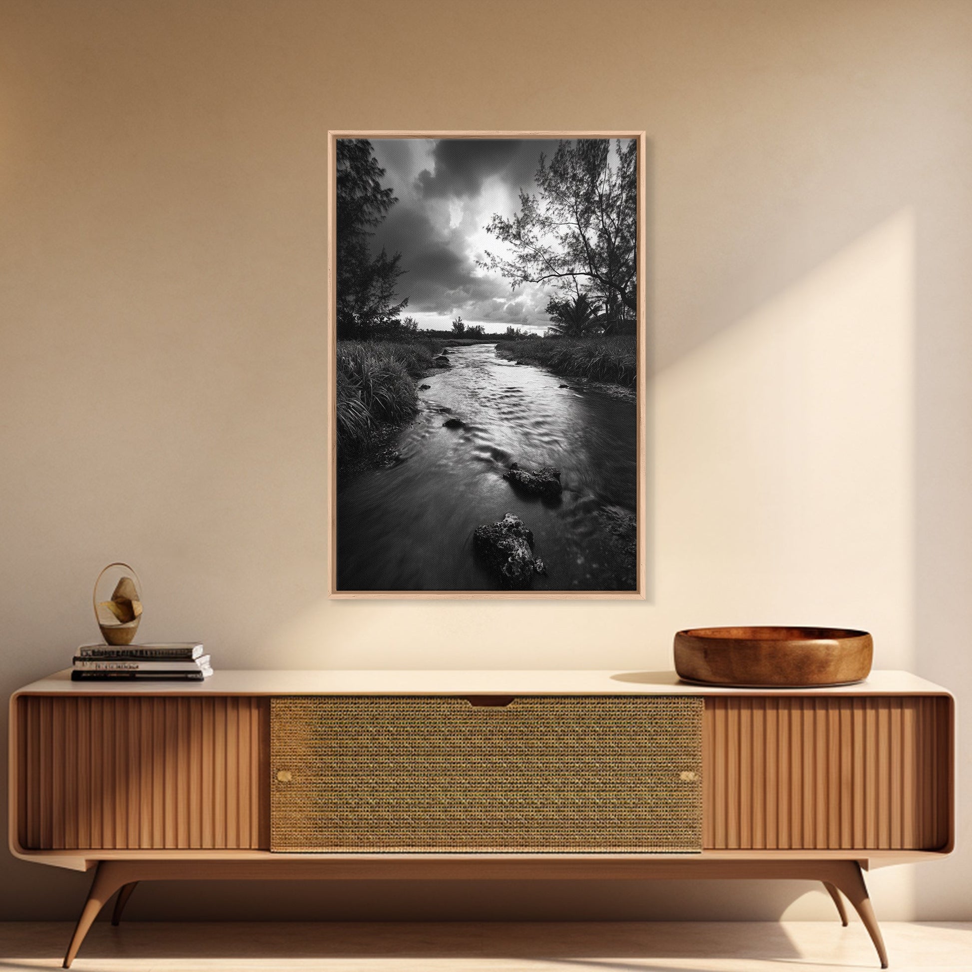 River Flow, Storm Clouds, Nature Trees, Monochrome Scene, Framed Canvas Print