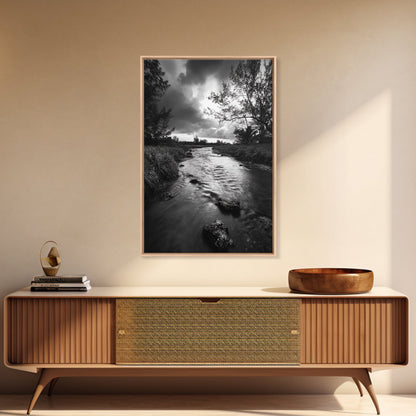 River Flow, Storm Clouds, Nature Trees, Monochrome Scene, Framed Canvas Print