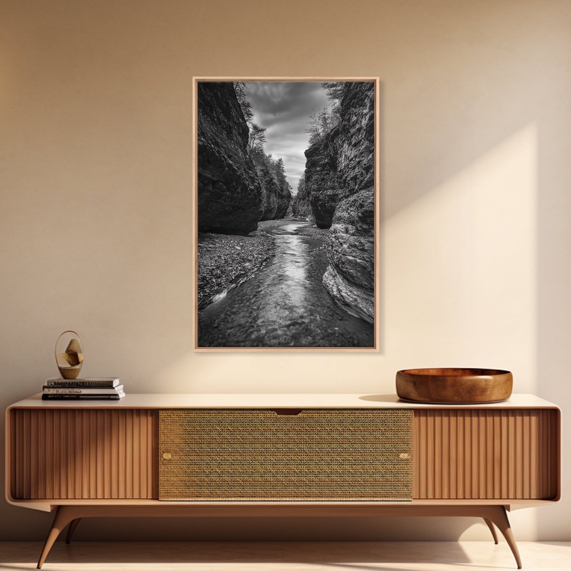 Canyon River, Rugged Path, Rock Walls, Adventure Nature, Framed Canvas Print