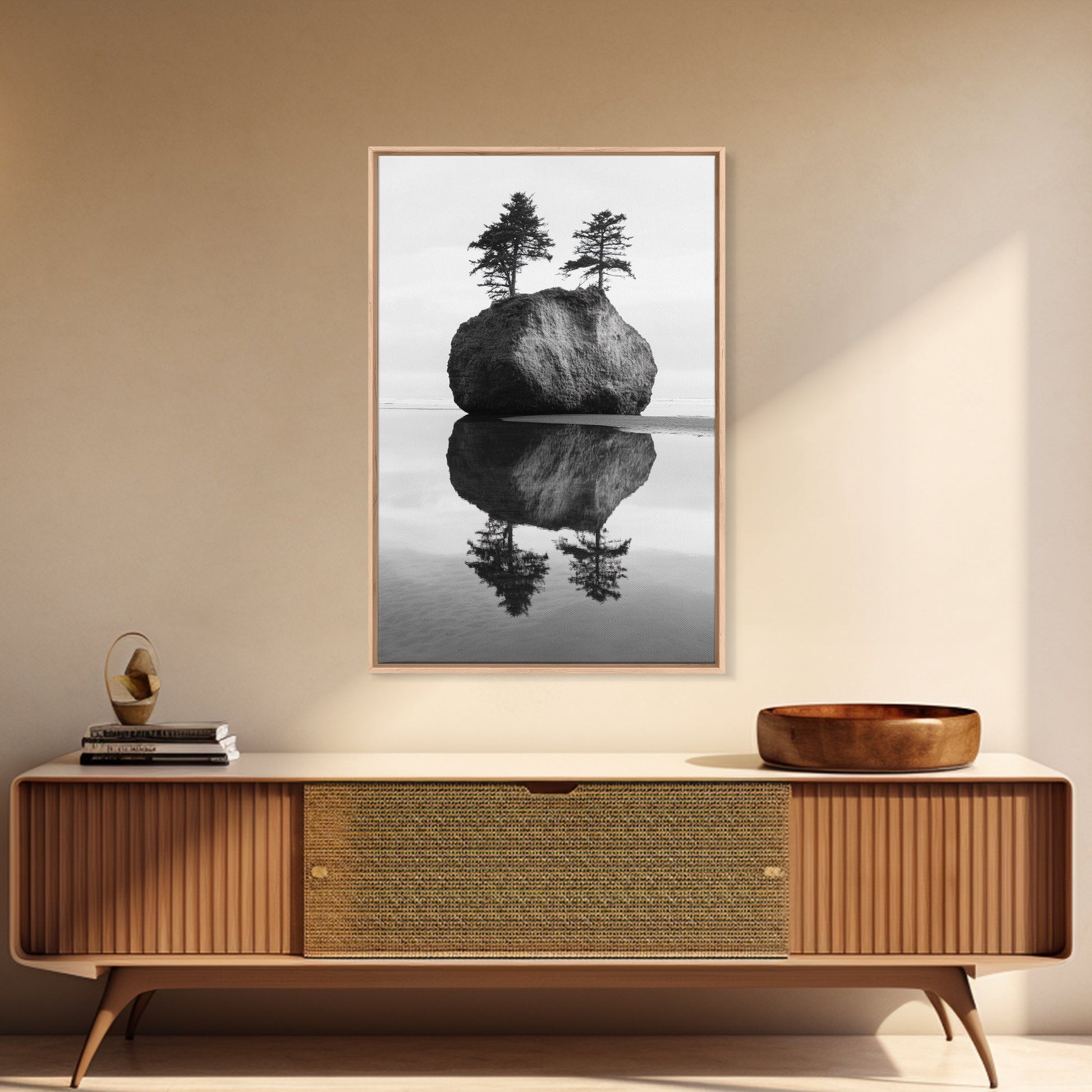 Island Reflection, Twin Trees, Still Water, Minimal Seascape, Zen Decor, Black and White Art