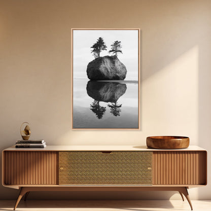 Island Reflection, Twin Trees, Still Water, Minimal Seascape, Zen Decor, Black and White Art