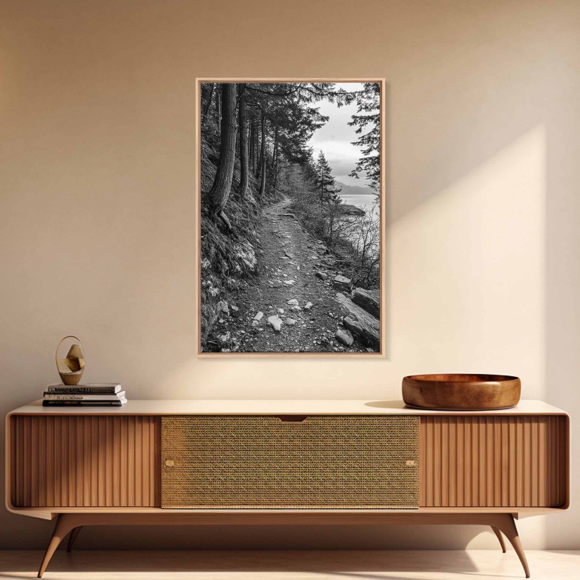 Forest Pathway Trail, Wilderness Escape, Black and White Framed Canvas Print