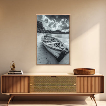 Abandoned Rowboat, Tropical Coastline, Vintage Travel Vibes, Black and White Canvas Print, Beach House or Coastal Living Wall Art