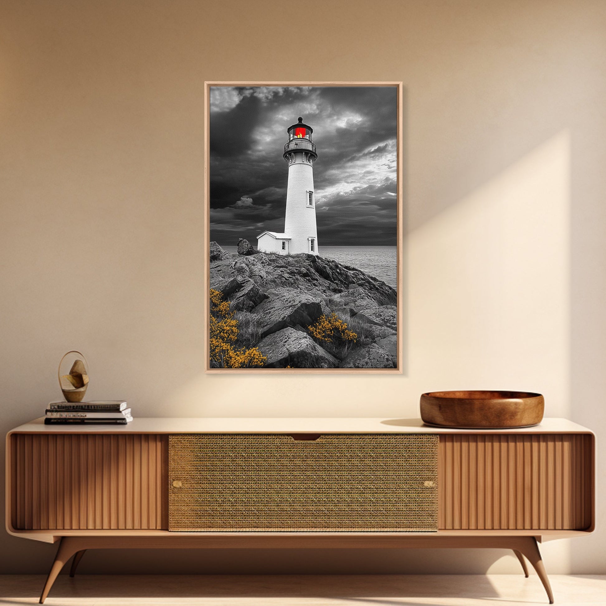 Red Beacon Lighthouse, Rocky Coast Light, Dramatic Storm Sky, Ocean Guide, Framed Canvas Print
