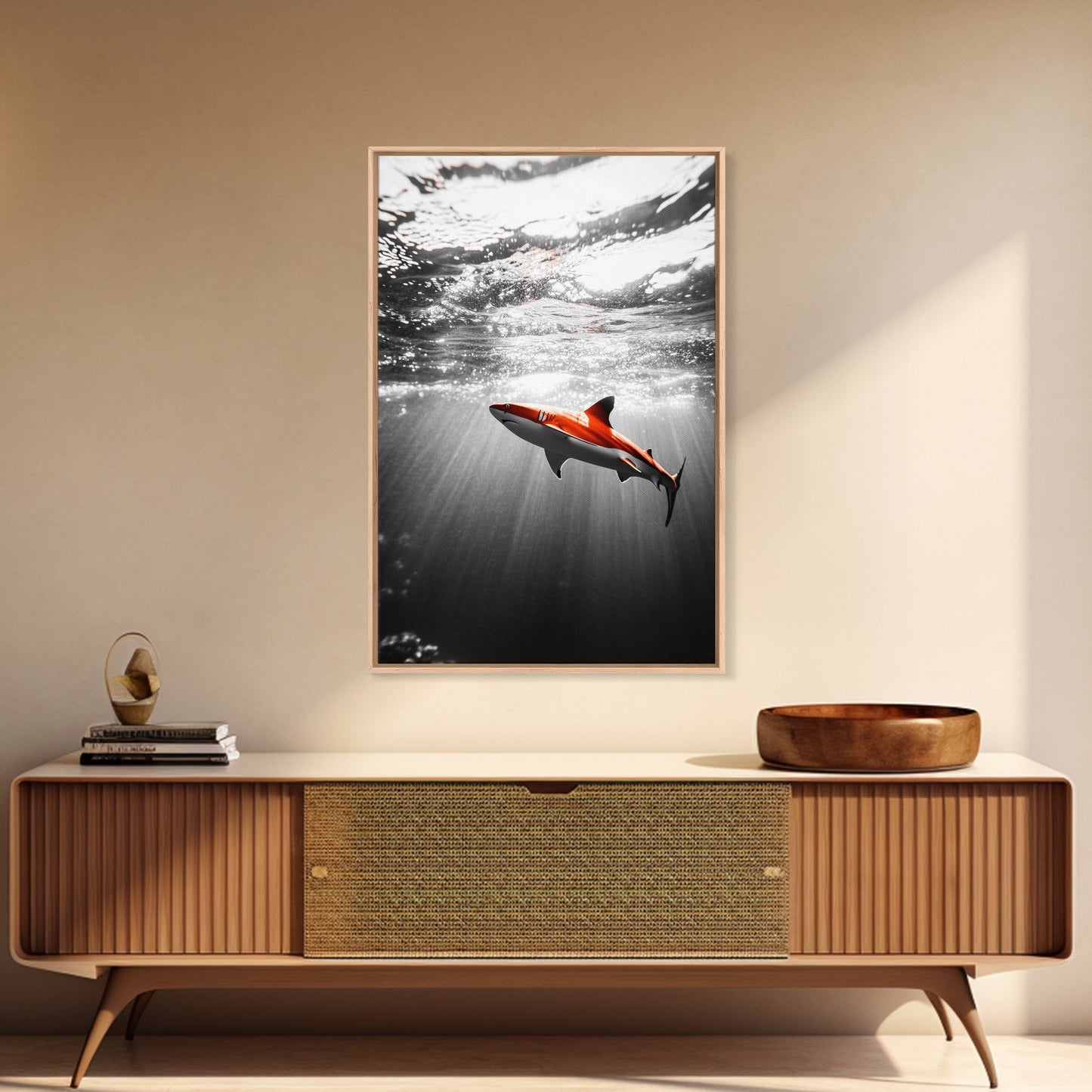 Red Shark, Underwater Scene, Ocean Light Rays, Color Contrast, Canvas Print