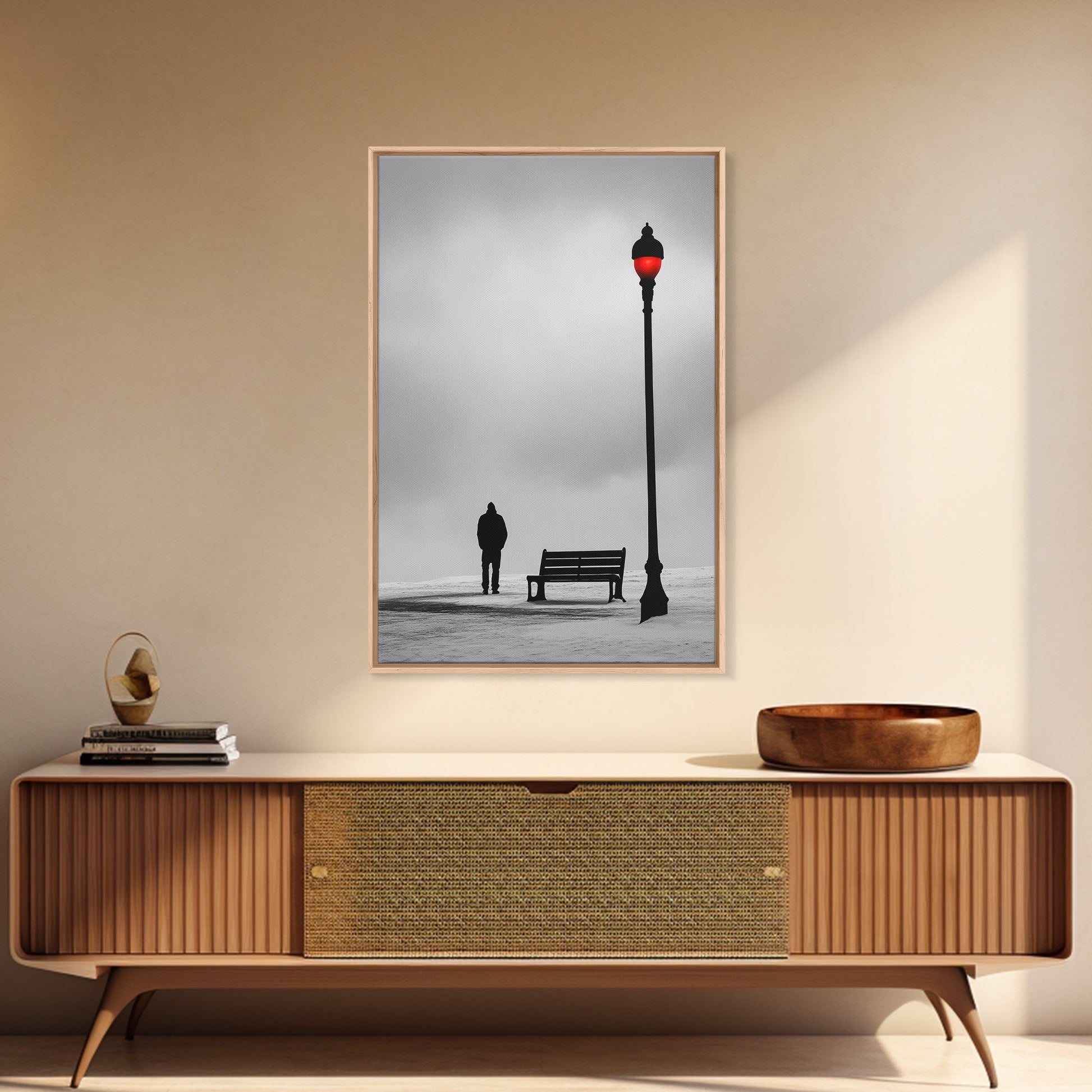 Red Street Lamp, Snowy Walkway, Silhouette Scene, Framed Canvas Print, Moody Wall Art