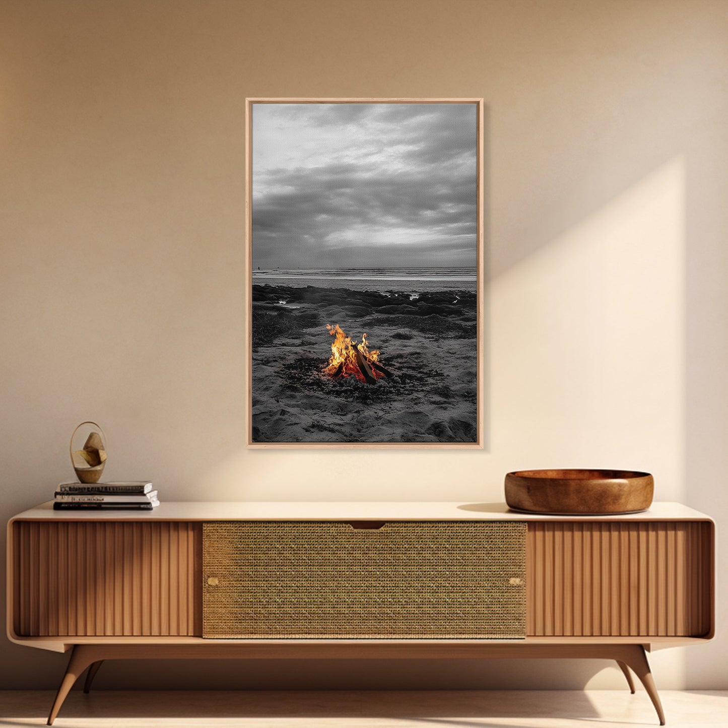 Beach bonfire, coastal art, ocean sunset, nautical decor, seascape painting, cozy fire