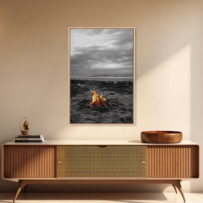 Beach bonfire, coastal art, ocean sunset, nautical decor, seascape painting, cozy fire