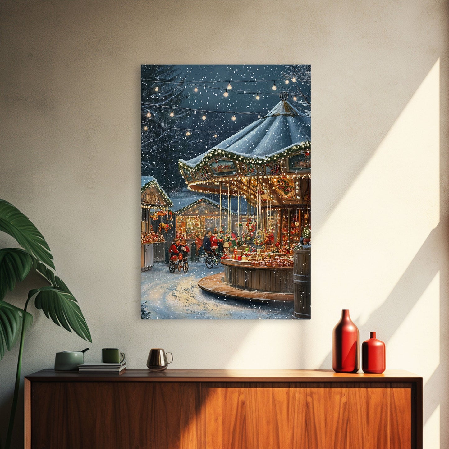 Snowy Night Market Carousel Framed Canvas Wall Decor
