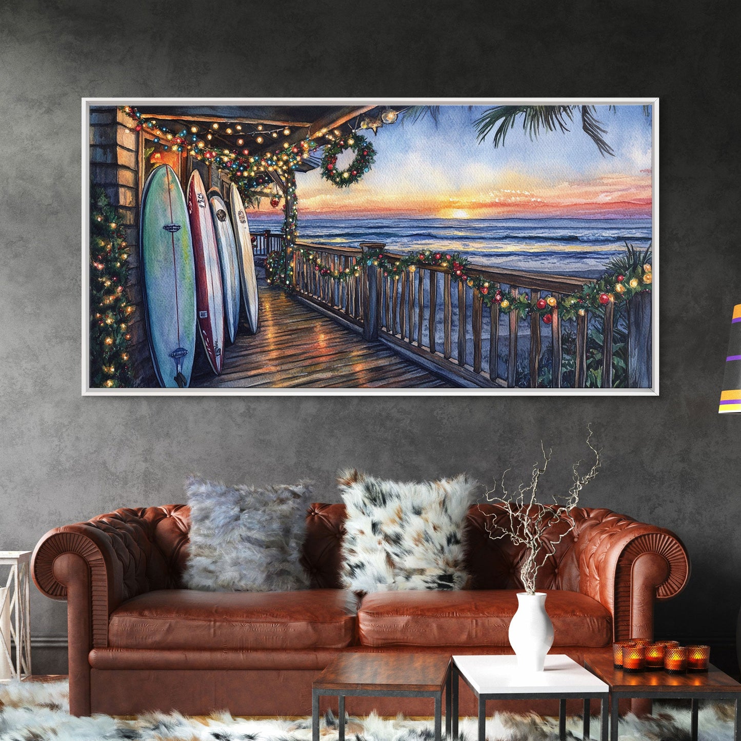 Coastal Christmas Porch Canvas Print with Surfboards
