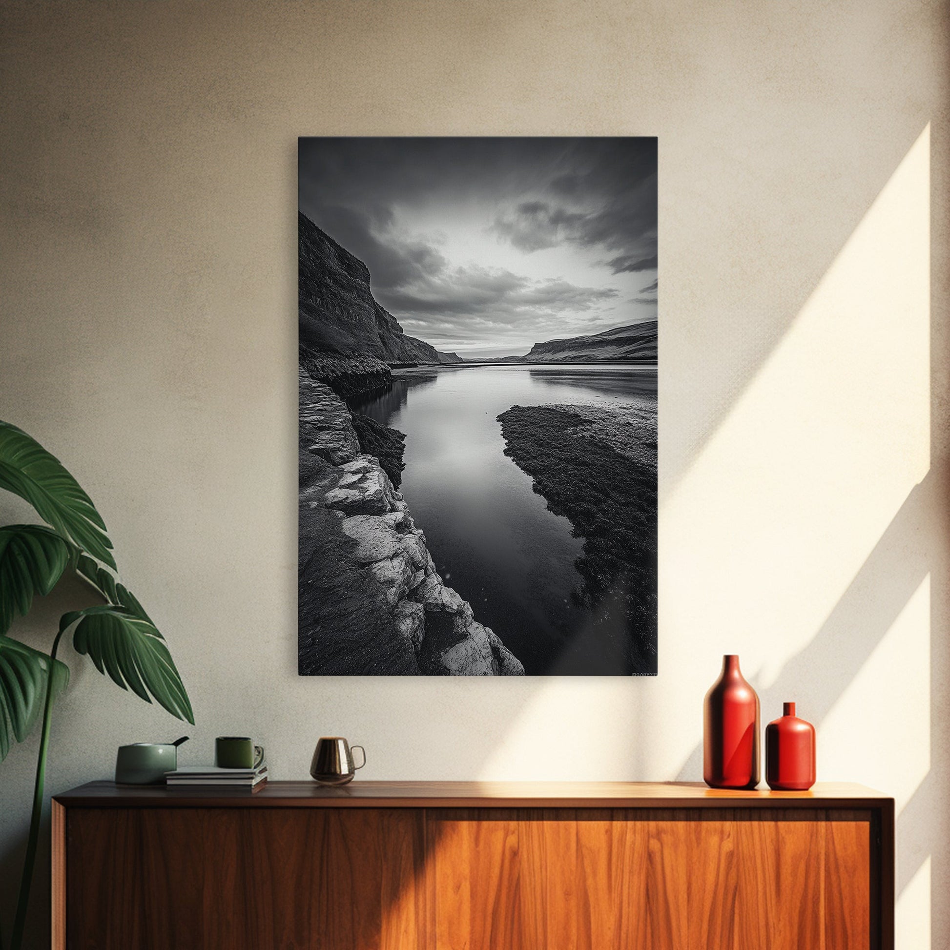 River Gorge, Twilight Reflections, Cliffside Calm, Canvas Print, Moody Black White Wall Art