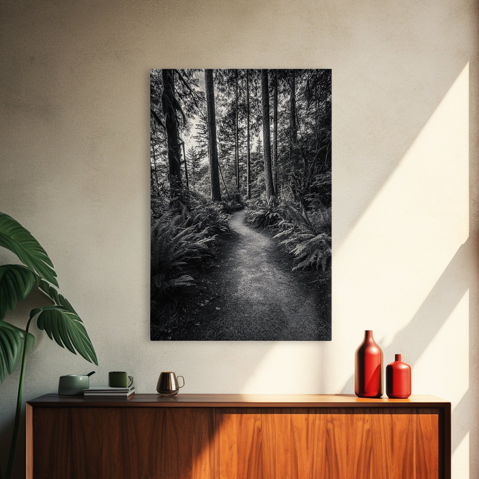 Fern Pathway, Enchanted Forest, Woodland Trail, Framed Canvas Print, Nature Walk Wall Art, Boho Bedroom Decor, Moody Landscape Style
