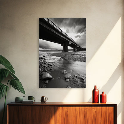 Stormy Bridge, River Rocks, Dramatic Sky, Moody Photography, Office Wall Art
