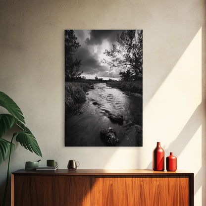 River Flow, Storm Clouds, Nature Trees, Monochrome Scene, Framed Canvas Print