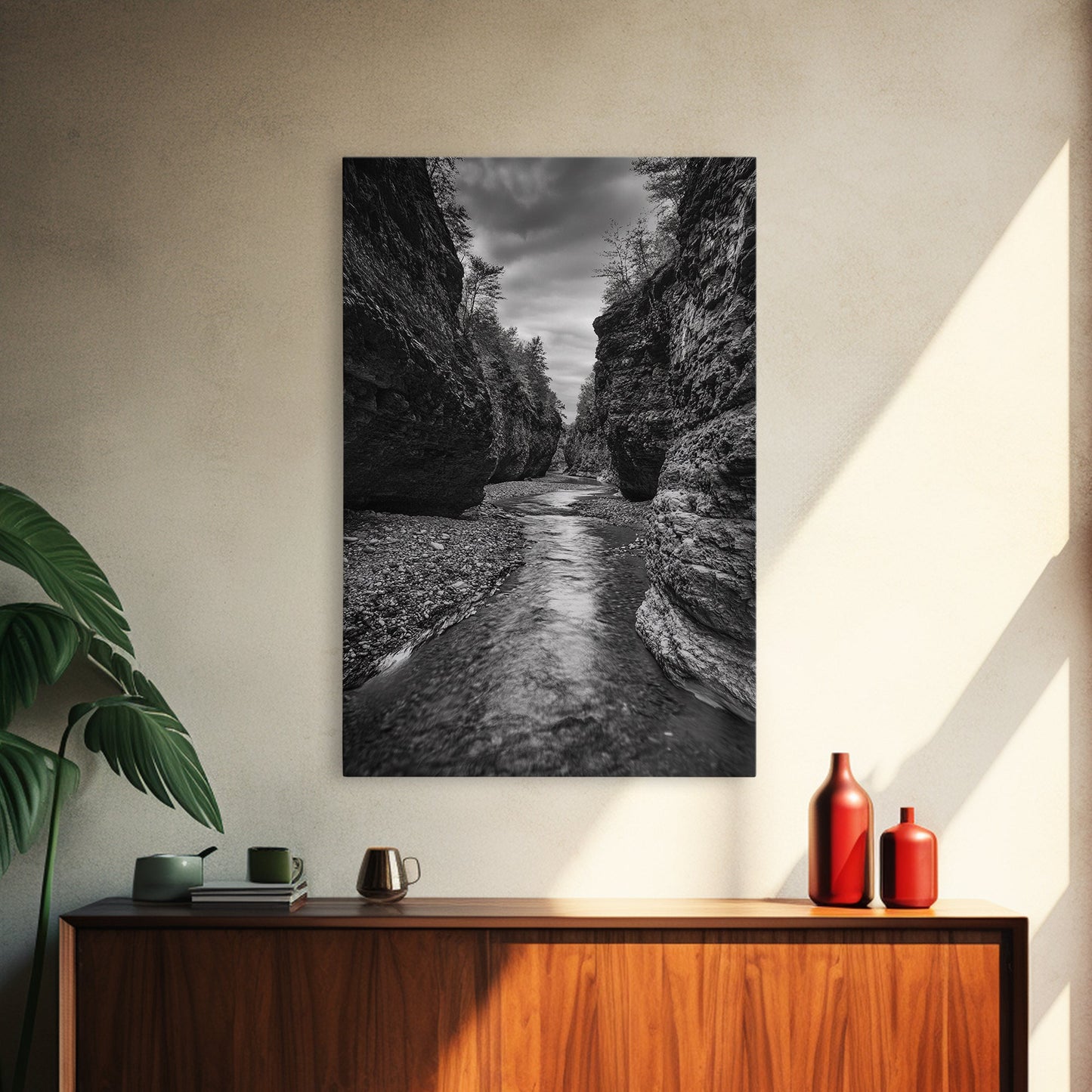 Canyon River, Rugged Path, Rock Walls, Adventure Nature, Framed Canvas Print