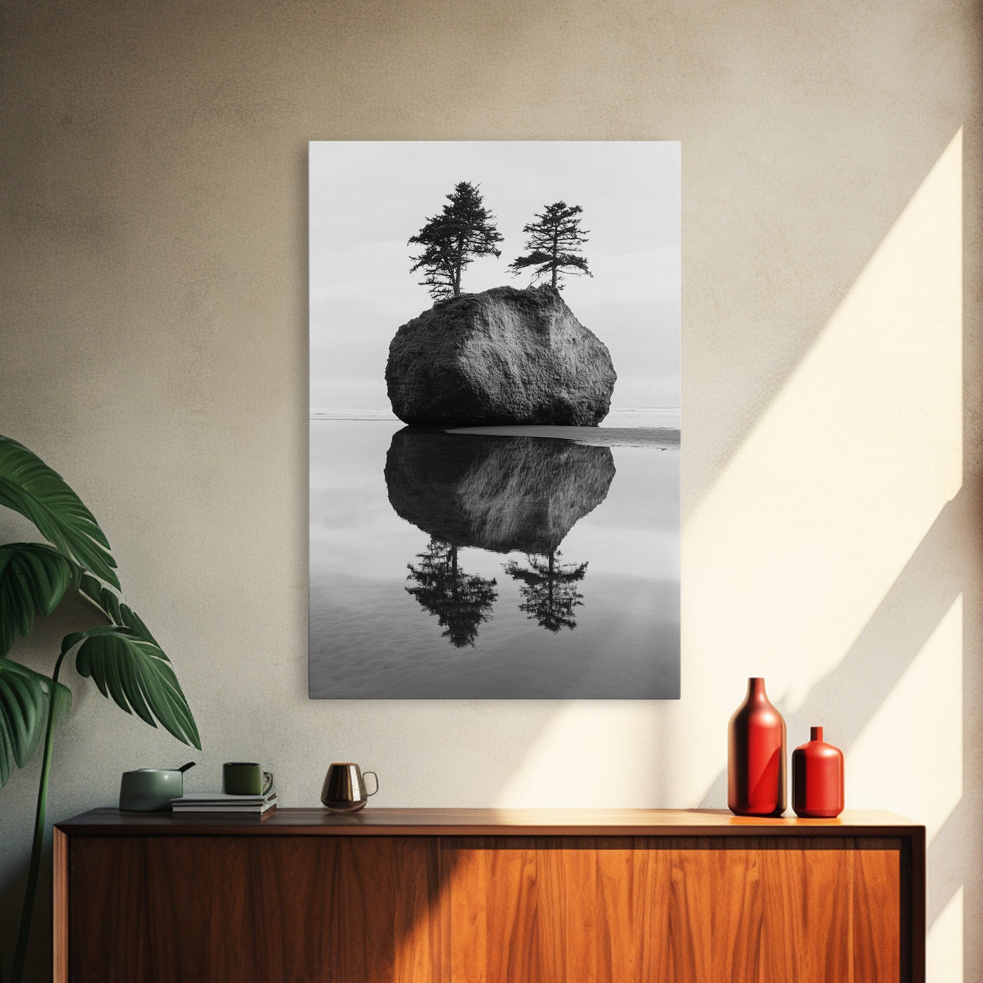 Island Reflection, Twin Trees, Still Water, Minimal Seascape, Zen Decor, Black and White Art