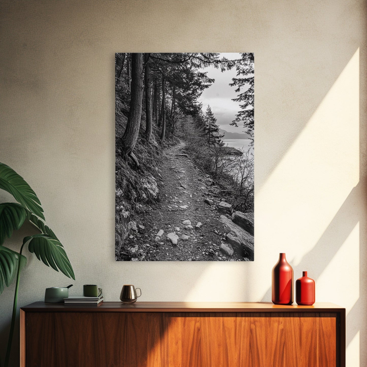 Forest Pathway Trail, Wilderness Escape, Black and White Framed Canvas Print