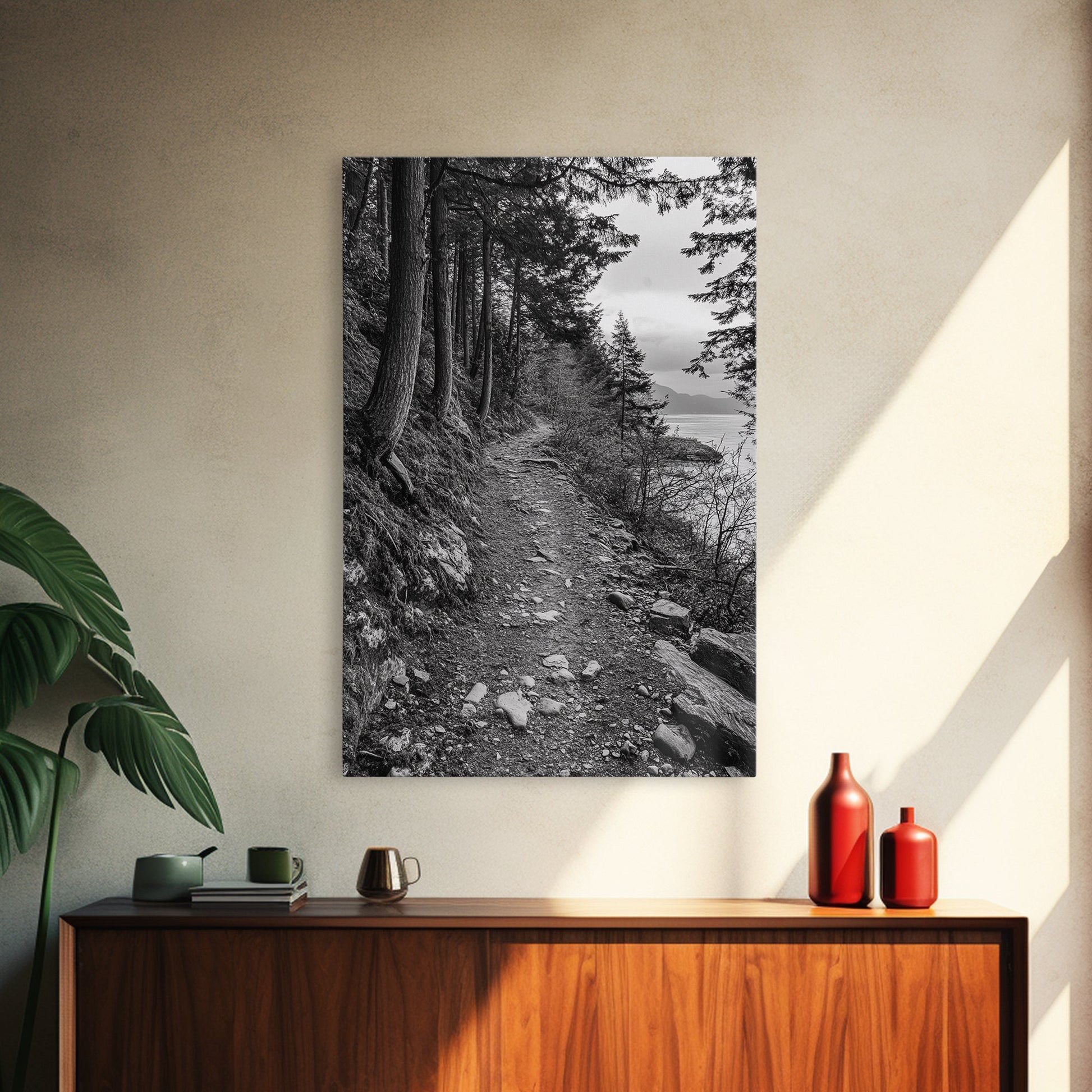 Forest Pathway Trail, Wilderness Escape, Black and White Framed Canvas Print